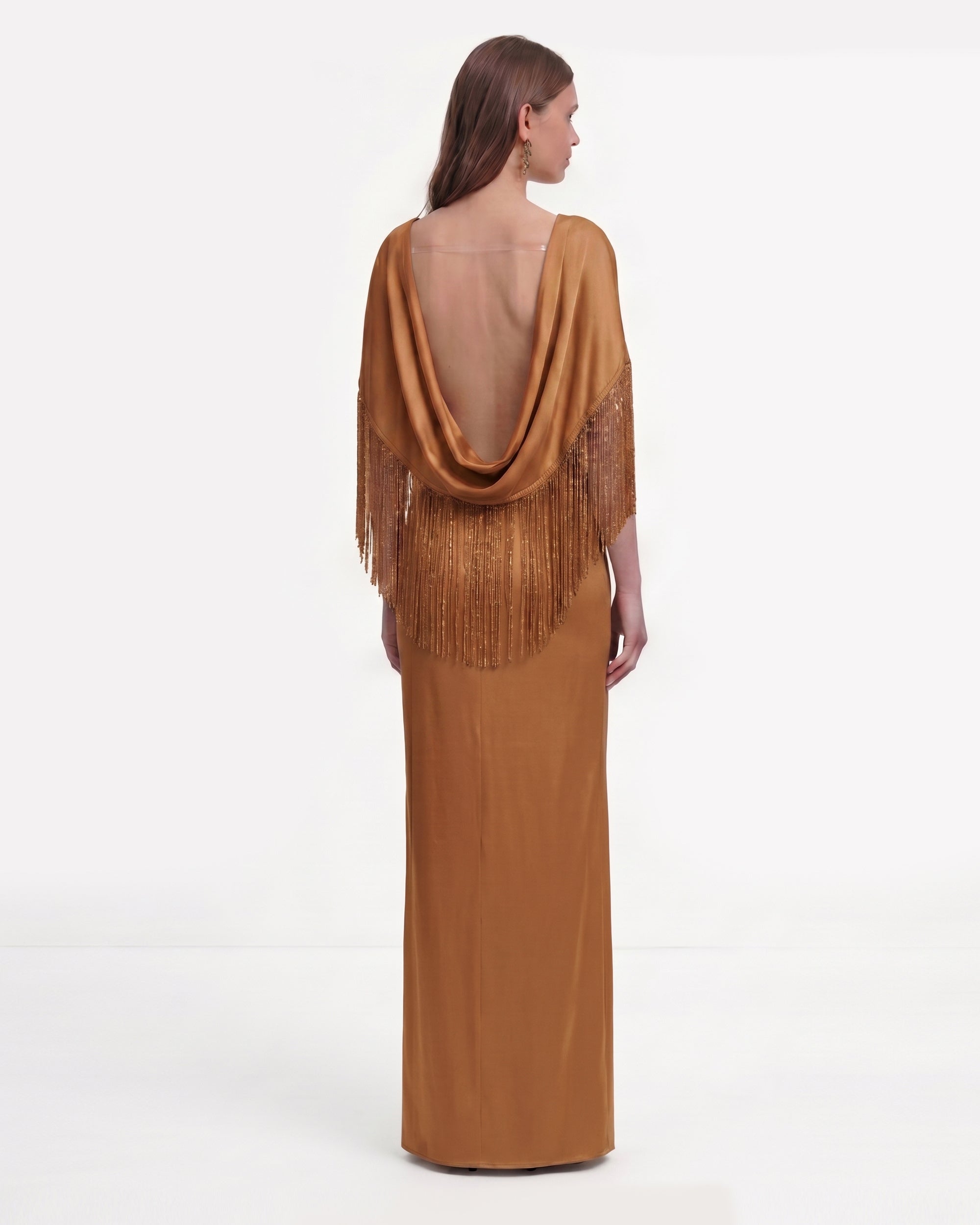 Fringe Cape Satin Maxi Dress