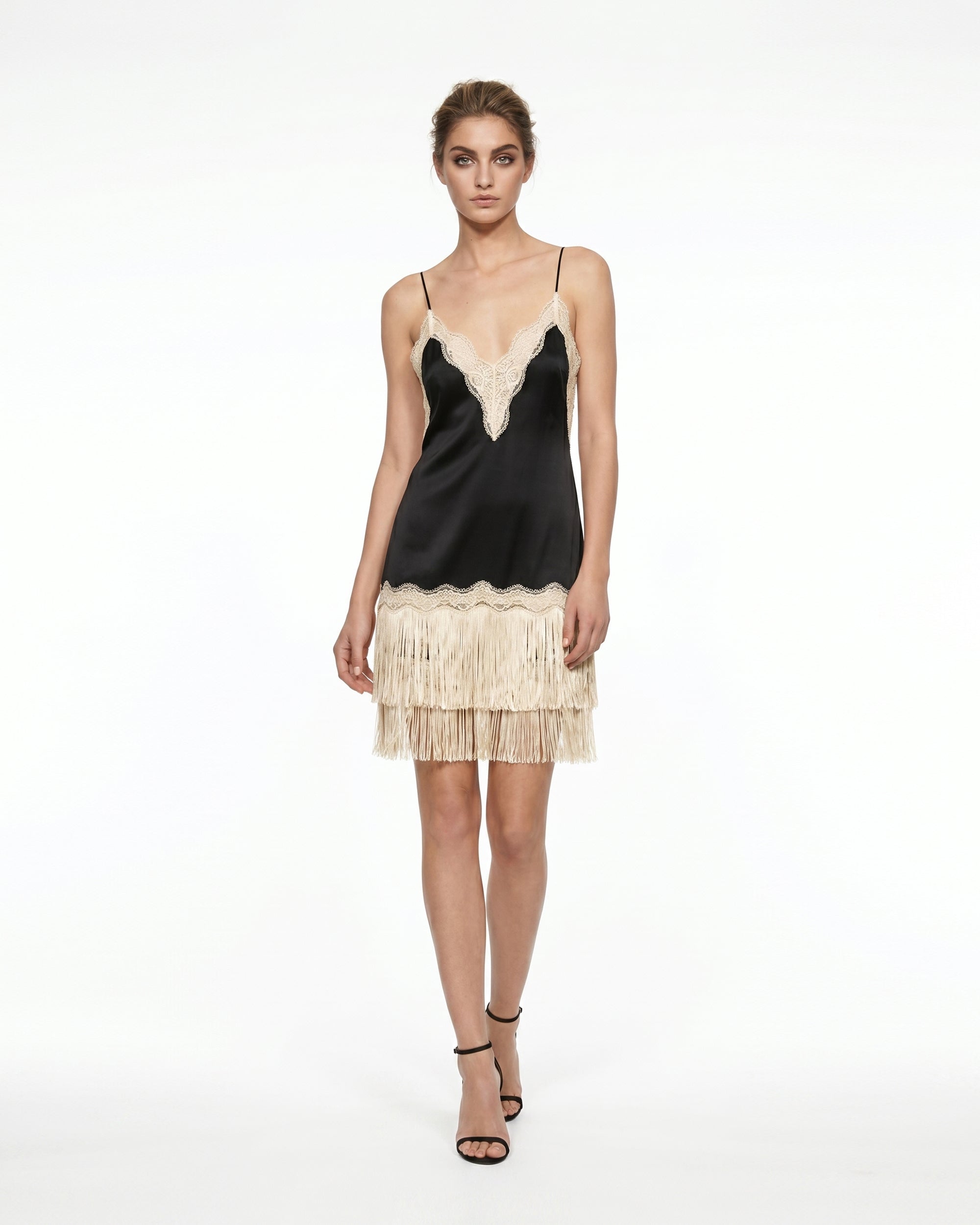Fringe Hem Lace Trim Satin Mini Dress - Black