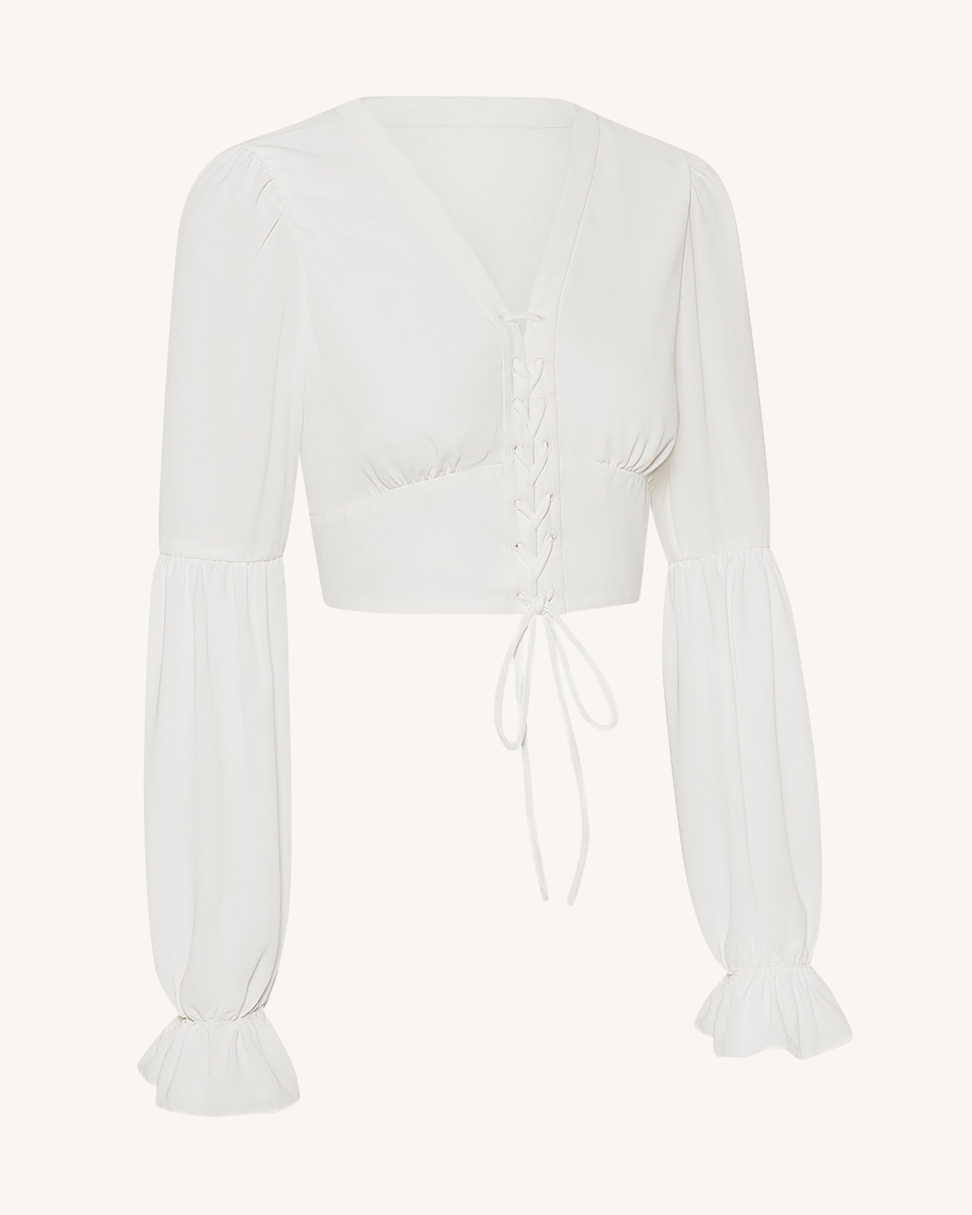 Chiffon Lantern-Sleeve Tie-Front Cropped Blouse - White | JW PEI