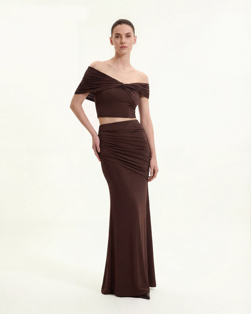 Ruched Column Maxi Skirt - Brown