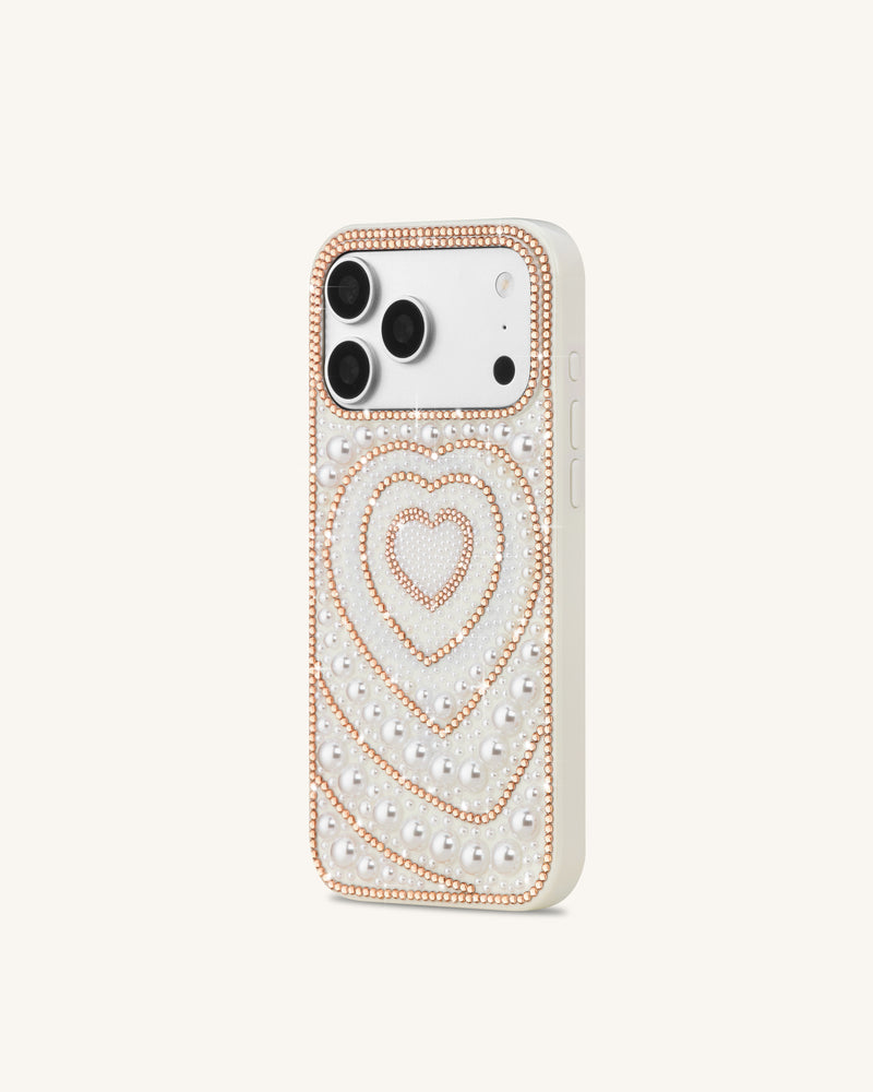 Pearl Heart Artificial Crystal Phone Case – White