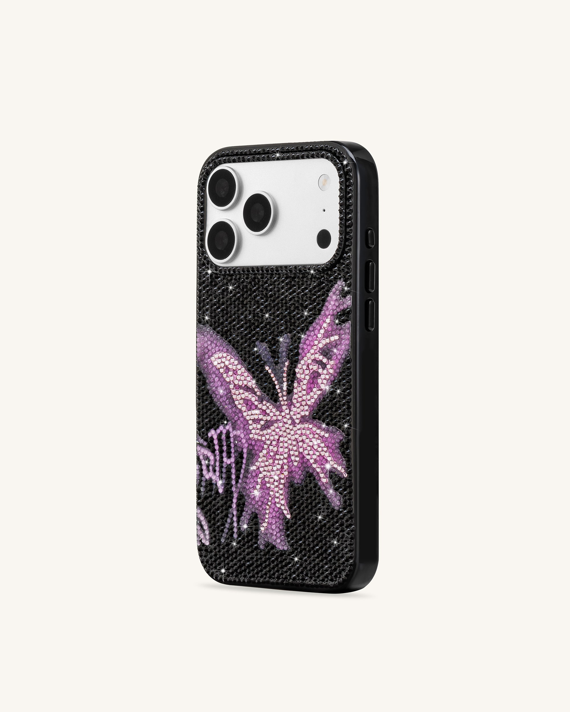 Purple Butterfly Artificial Crystal Phone Case - Black