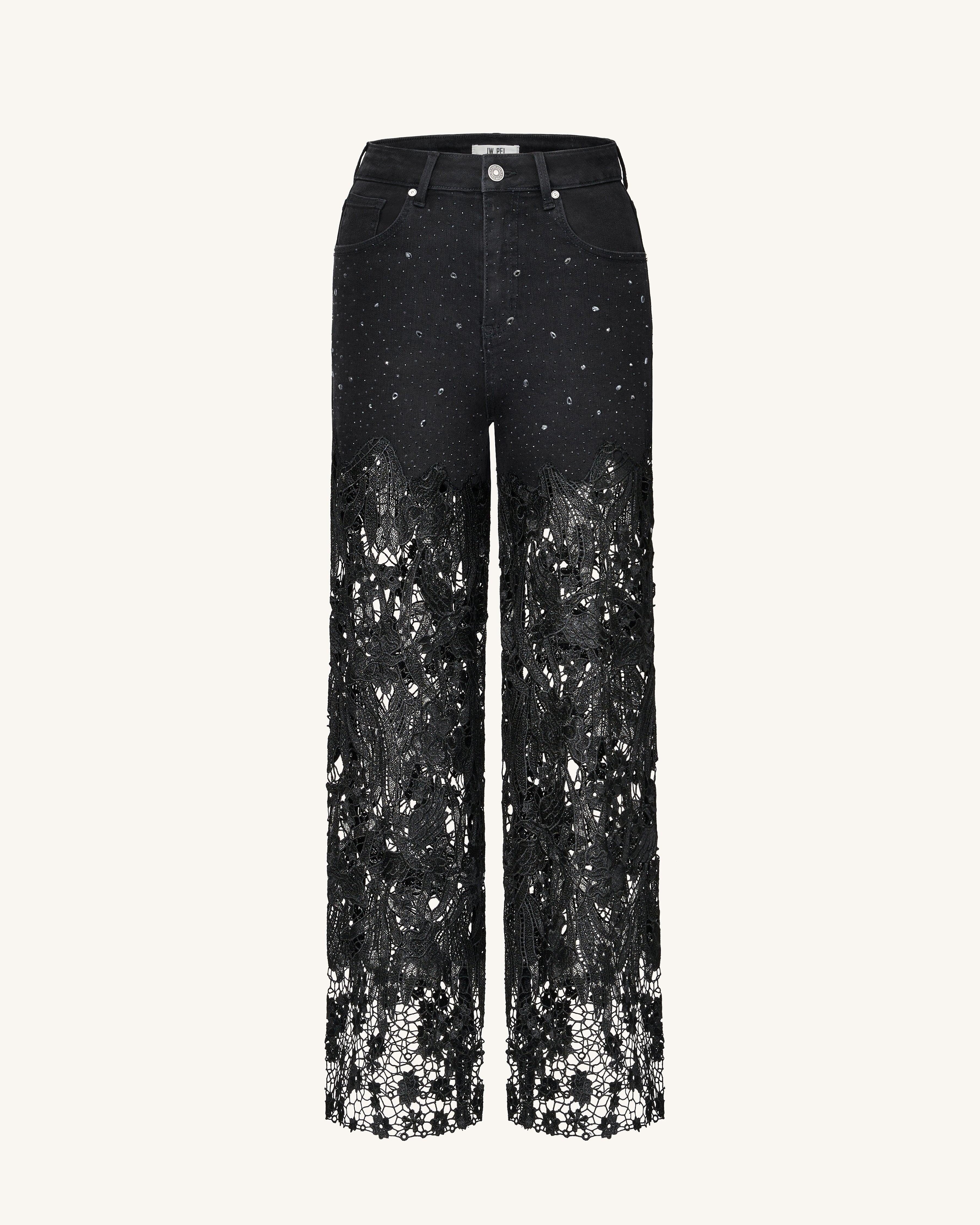 Embroidery High Rise Wide Leg Lace Denim Jeans With Rhinestone