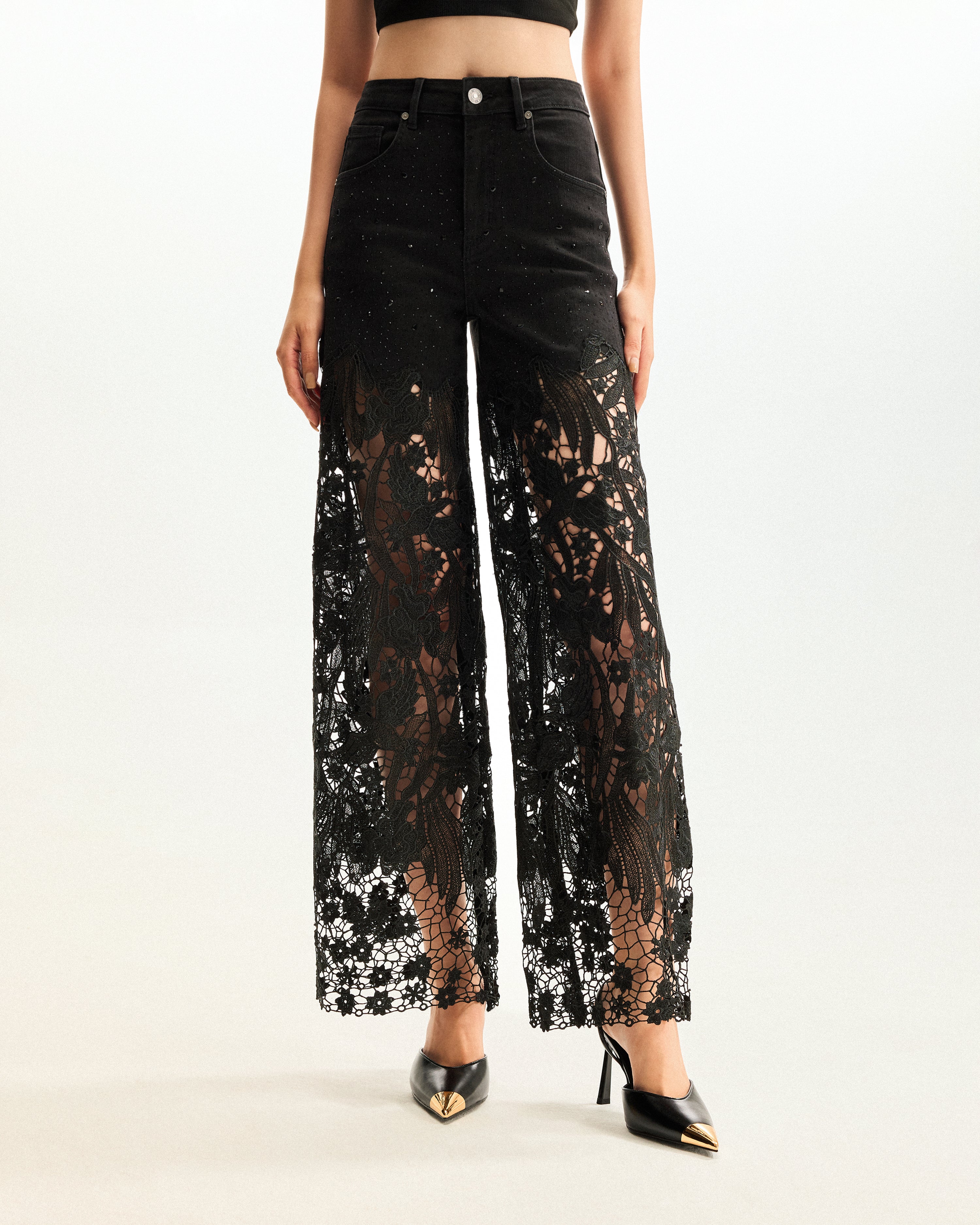 Embroidery High Rise Wide Leg Lace Denim Jeans With