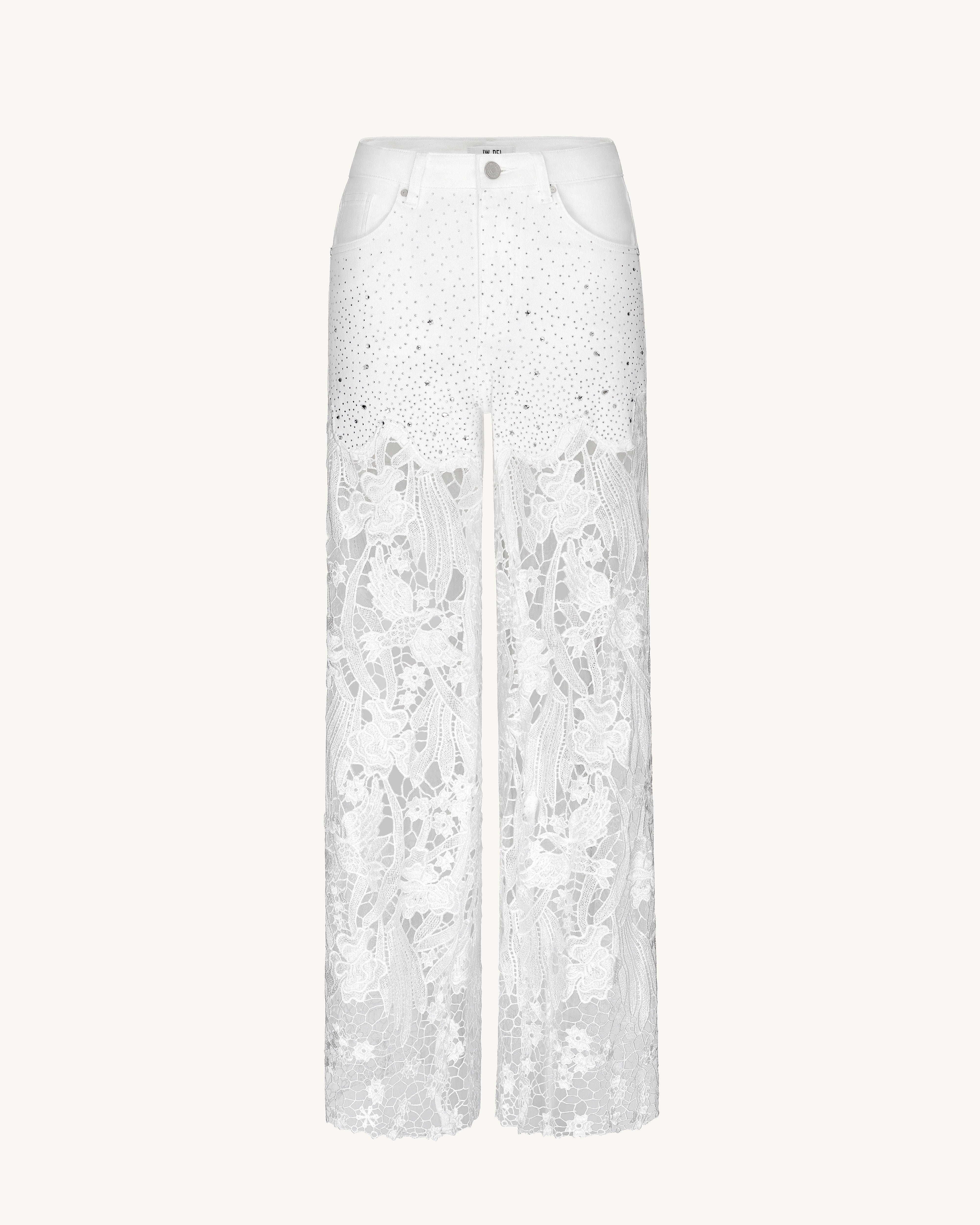 Embroidery High Rise Wide Leg Lace Denim Jeans With Rhinestone