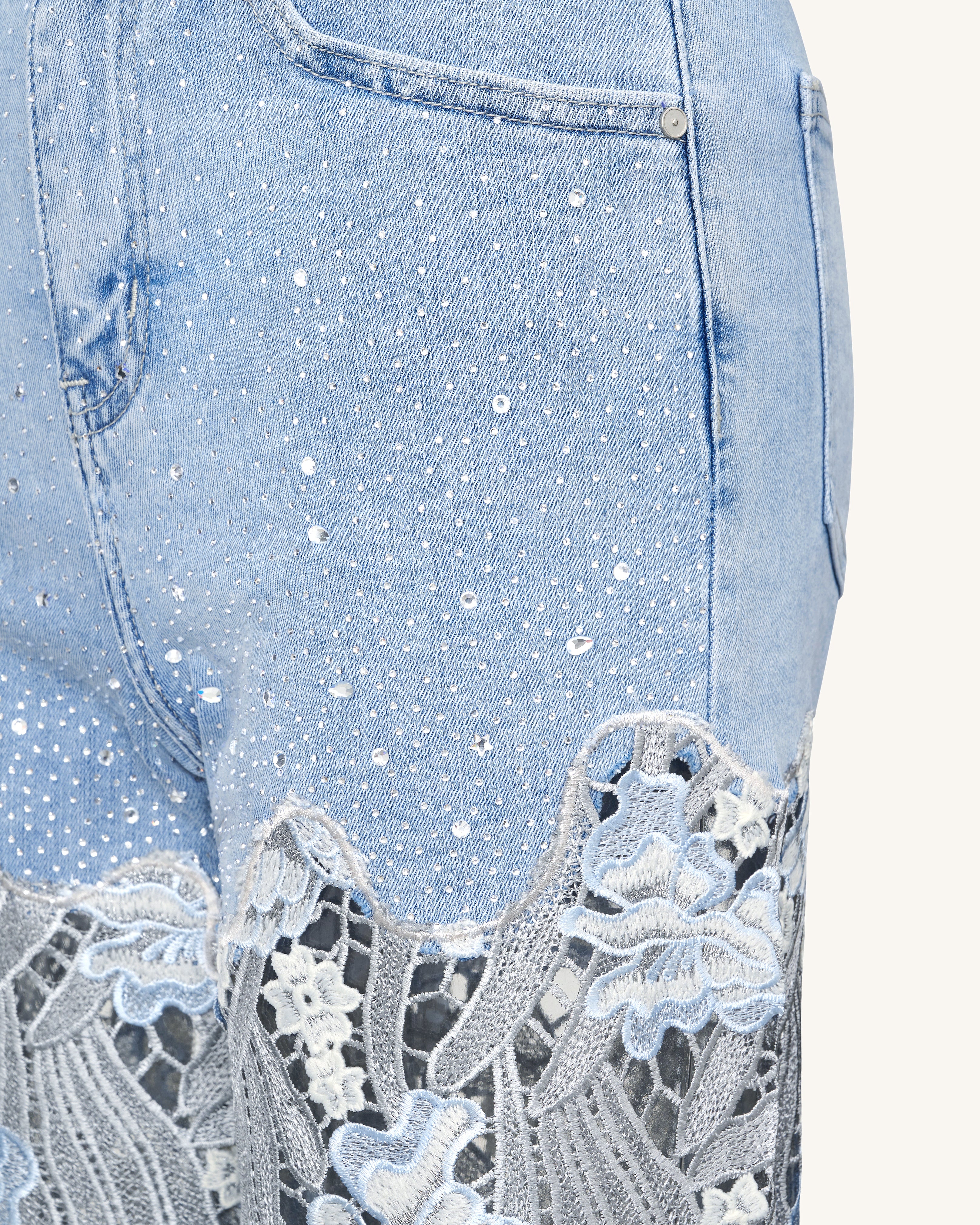 Embroidery High Rise Wide Leg Lace Denim Jeans With Rhinestone