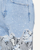 Embroidery High Rise Wide Leg Lace Denim Jeans With Rhinestone - Light Blue