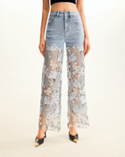 Embroidery High Rise Wide Leg Lace Denim Jeans With Rhinestone - Light Blue