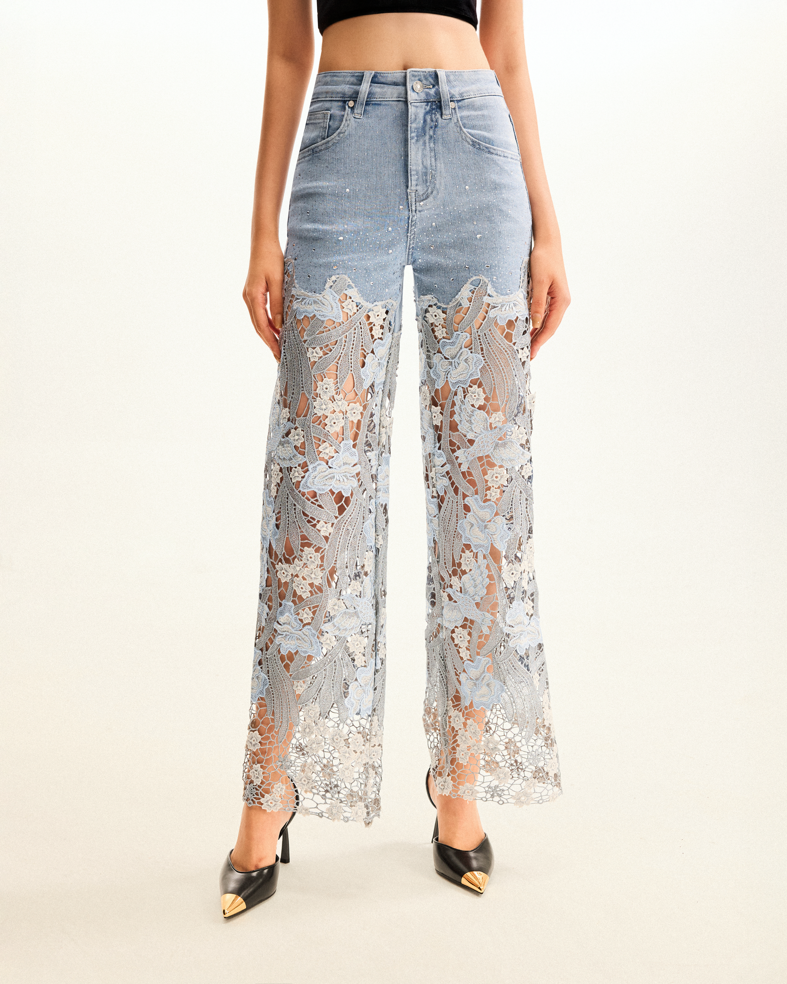 Embroidery High Rise Wide Leg Lace Denim Jeans With Rhinestone - Light Blue