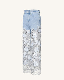 Embroidery High Rise Wide Leg Lace Denim Jeans With Rhinestone - Light Blue