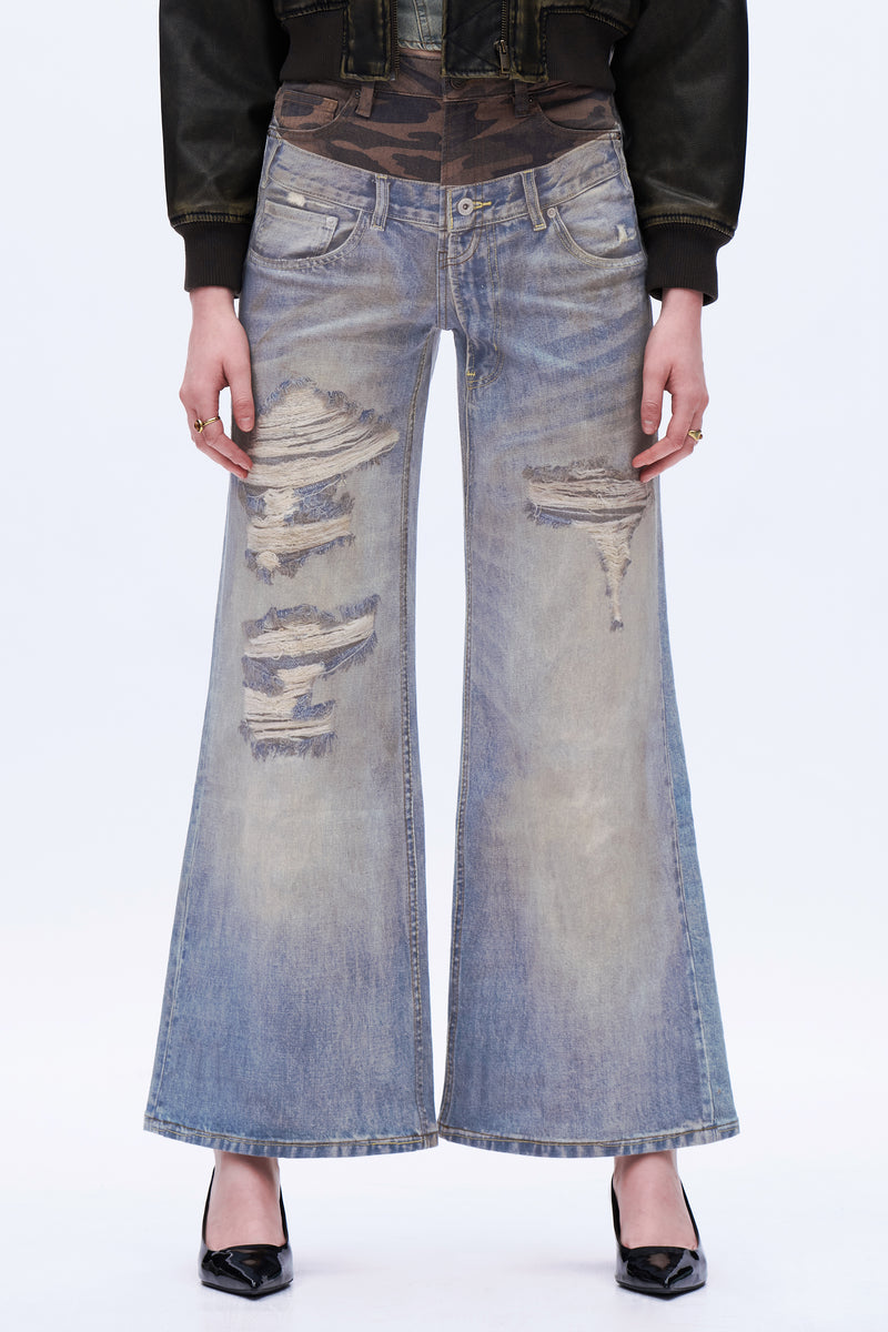 Ripped Wide-Leg Jeans with Camo Belt - Light Blue