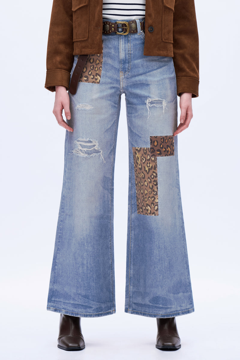 Patchwork Wide-Leg Jeans - Light Blue
