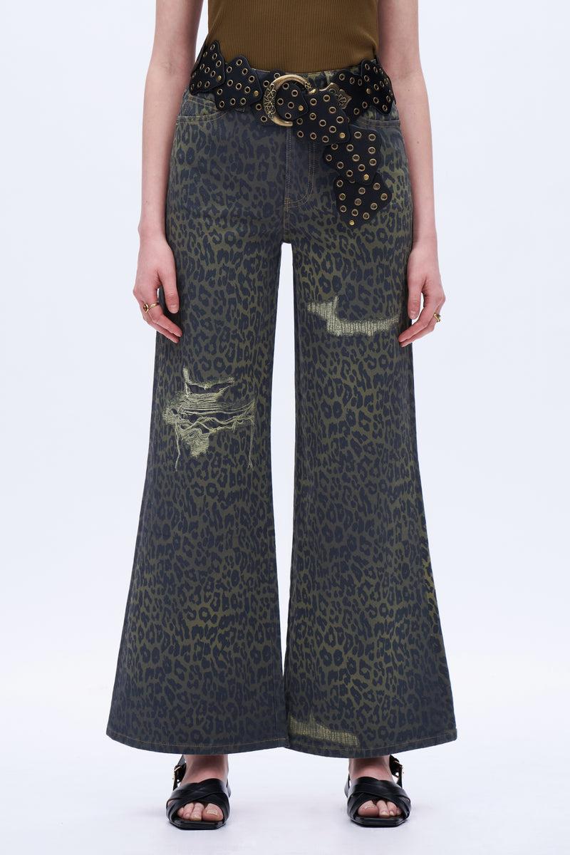 Leopard Print Wide-Leg Jeans - Olive/Black