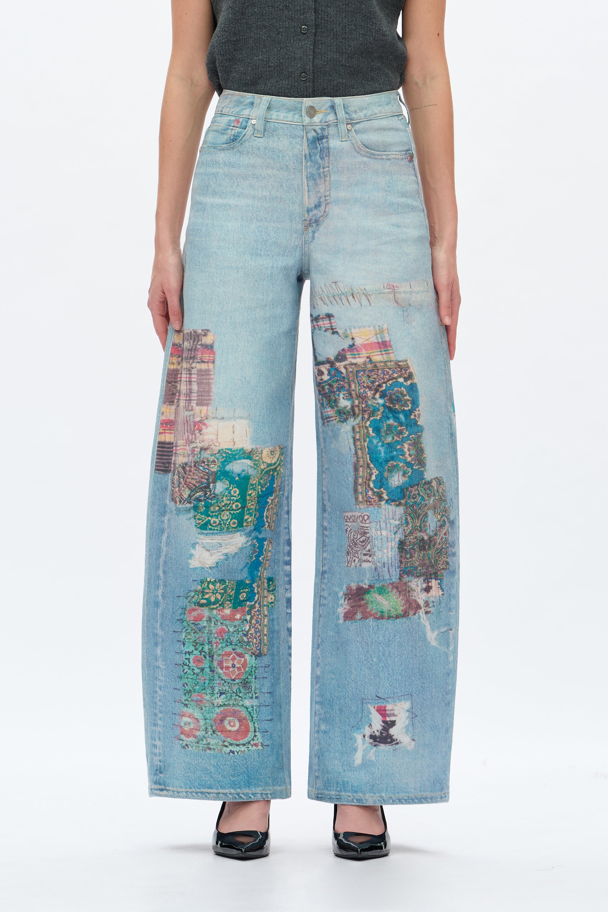 Patchwork Denim Jeans - Light Blue