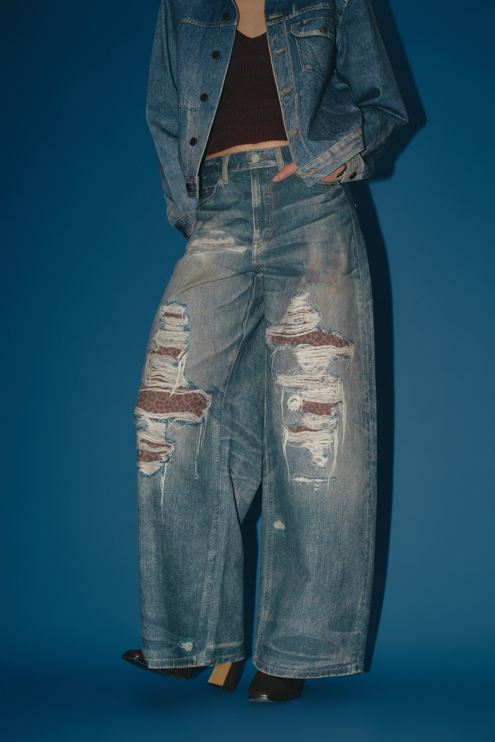 Wide Leg Distressed Jeans with Leopard Patchwork - Blue/Brown