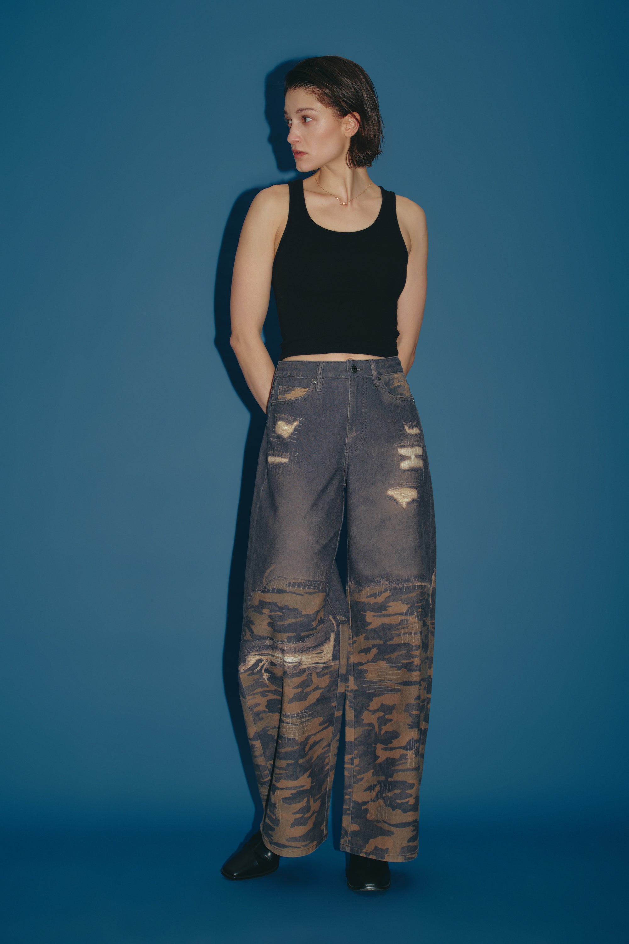 Wide Leg Distressed Jeans with Camouflage Patchwork - Charcoal/Camo