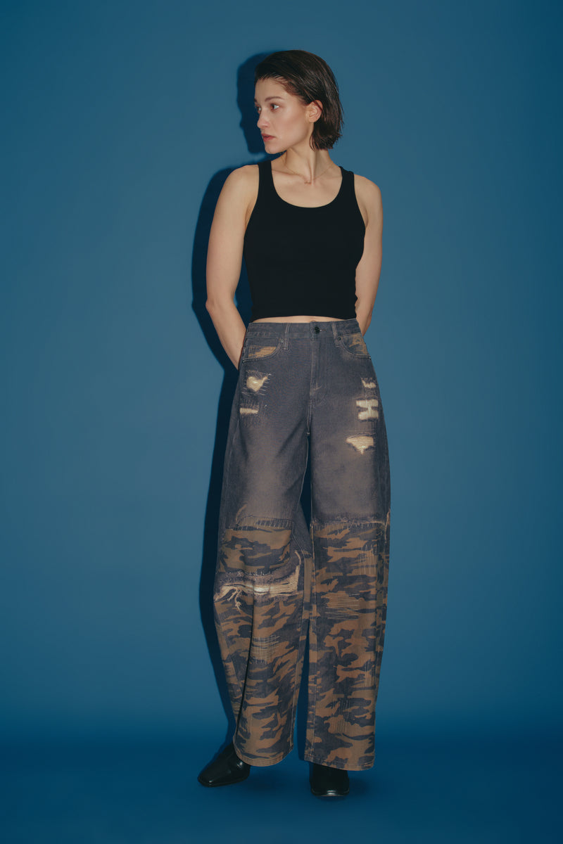Wide Leg Distressed Jeans with Camouflage Patchwork - Charcoal/Camo