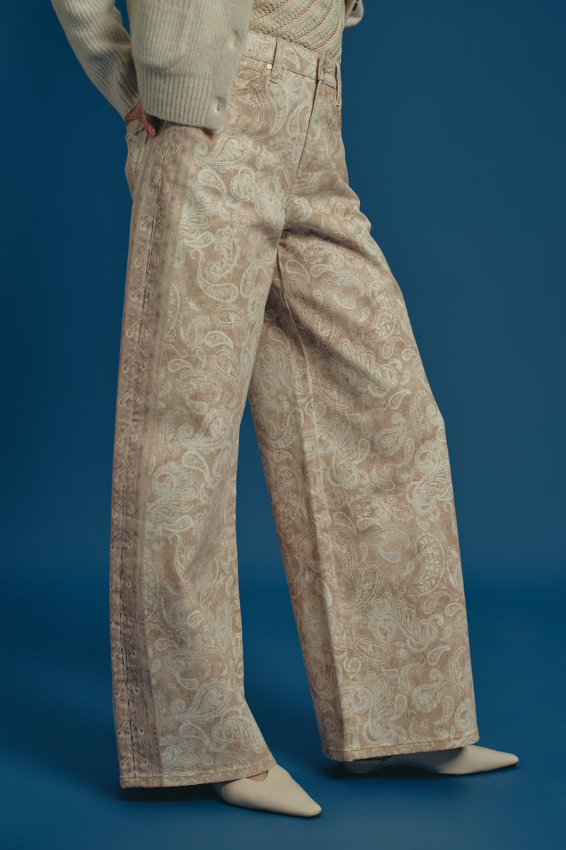 Paisley Jacquard Wide Leg Jeans - Beige