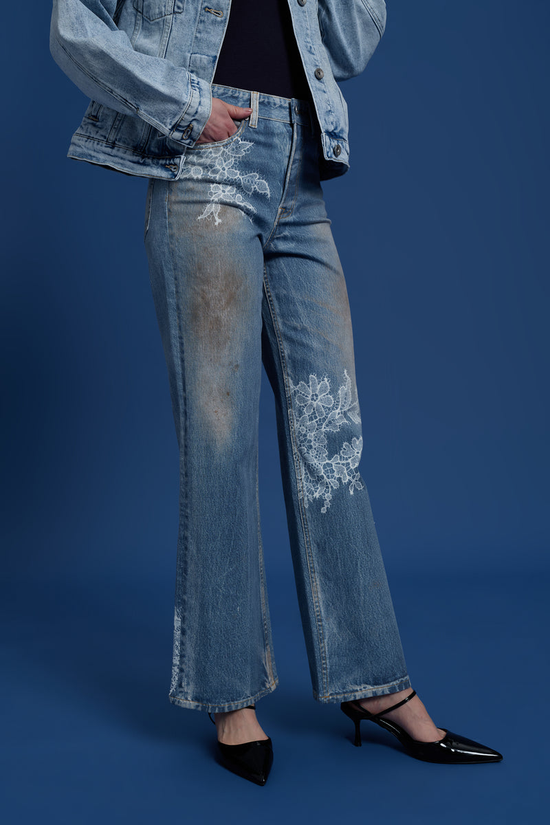 Wide Leg Jeans with Lace Embroidery - Light Blue