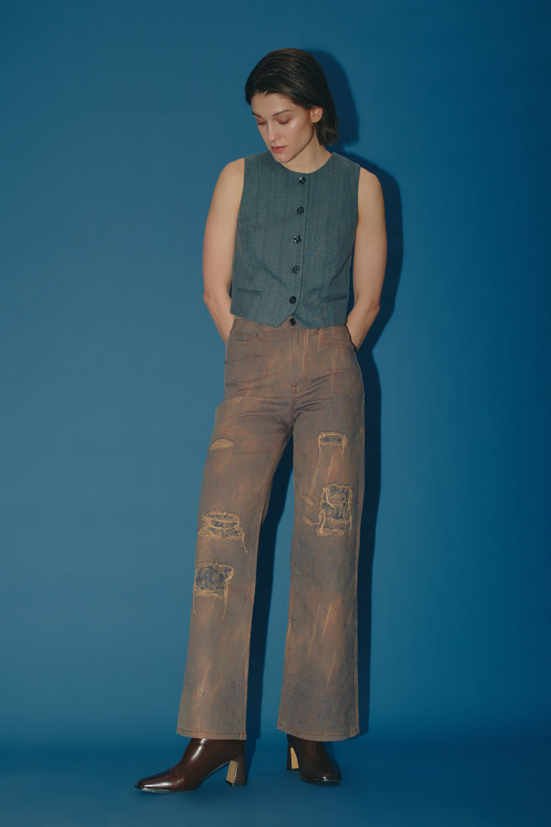 Wide Leg Distressed Jeans with Faded Effect - Brown