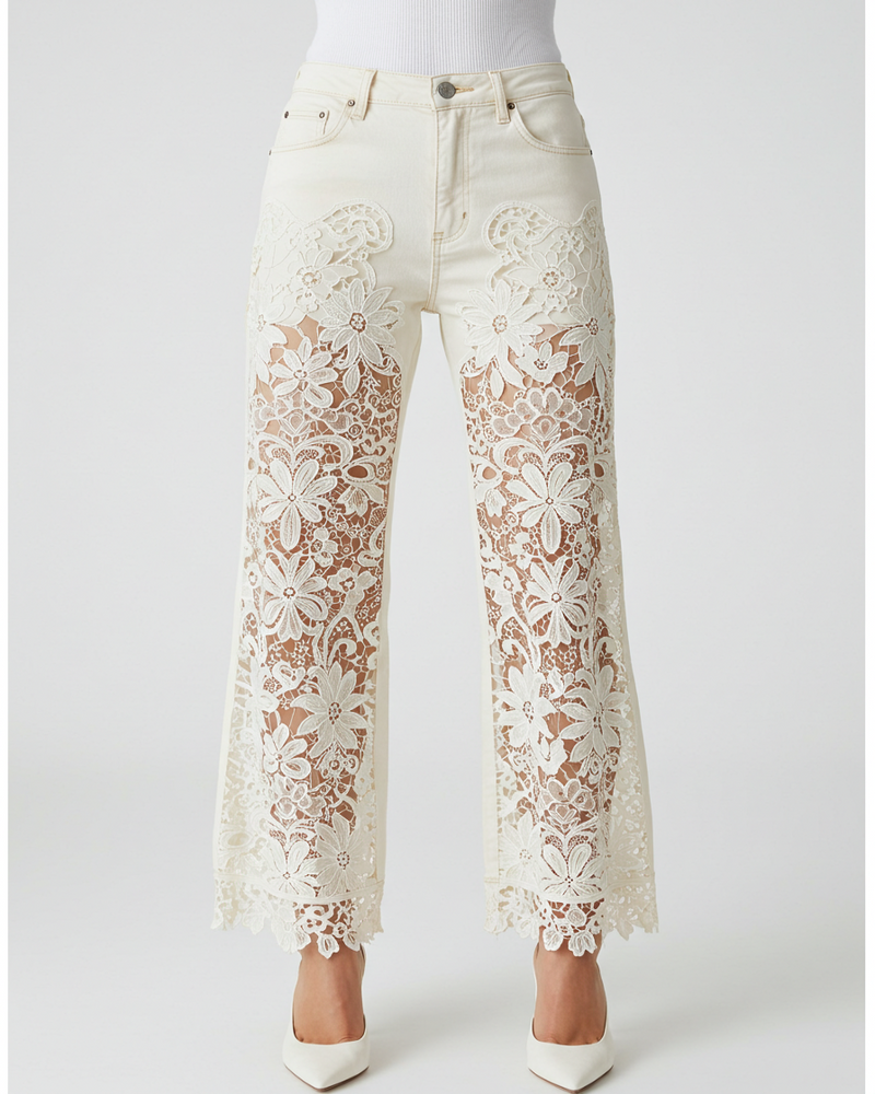 Lace-Panel Wide-Leg Jeans - Ivory