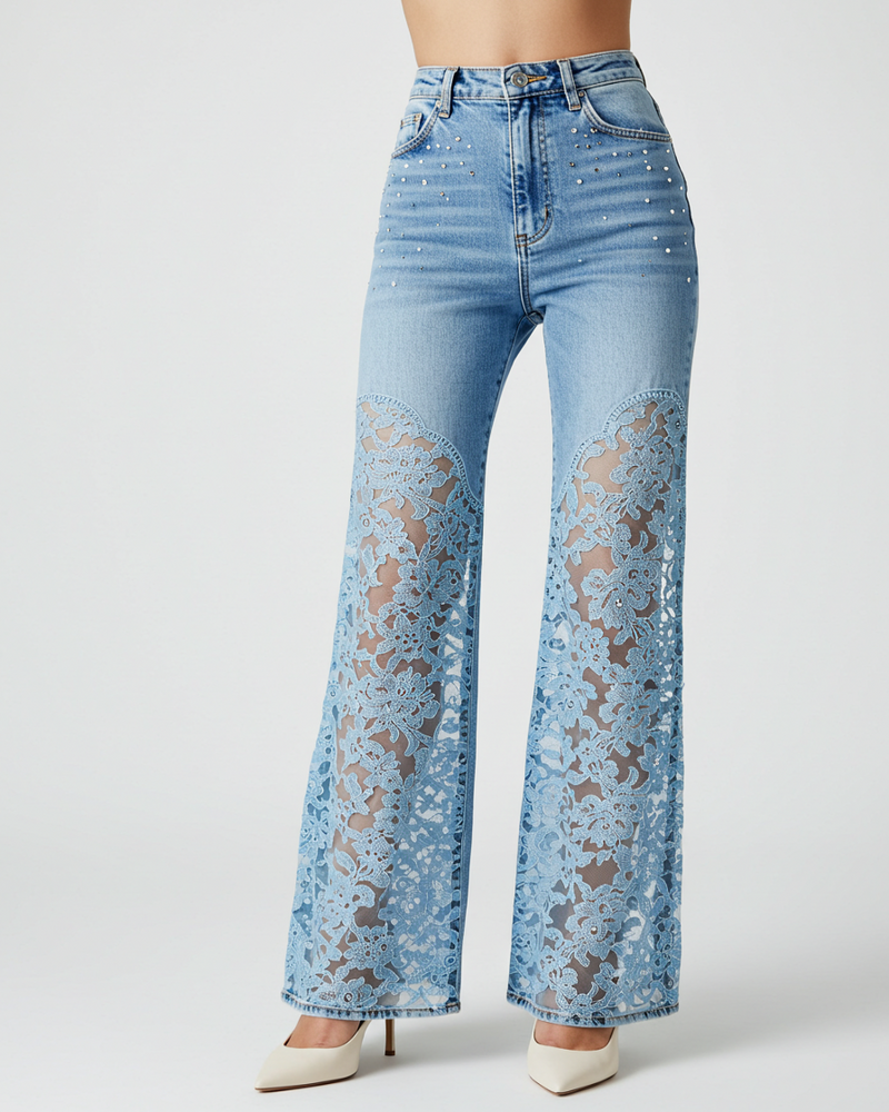 Pearl-Embellished Lace-Panel Jeans - Light Blue