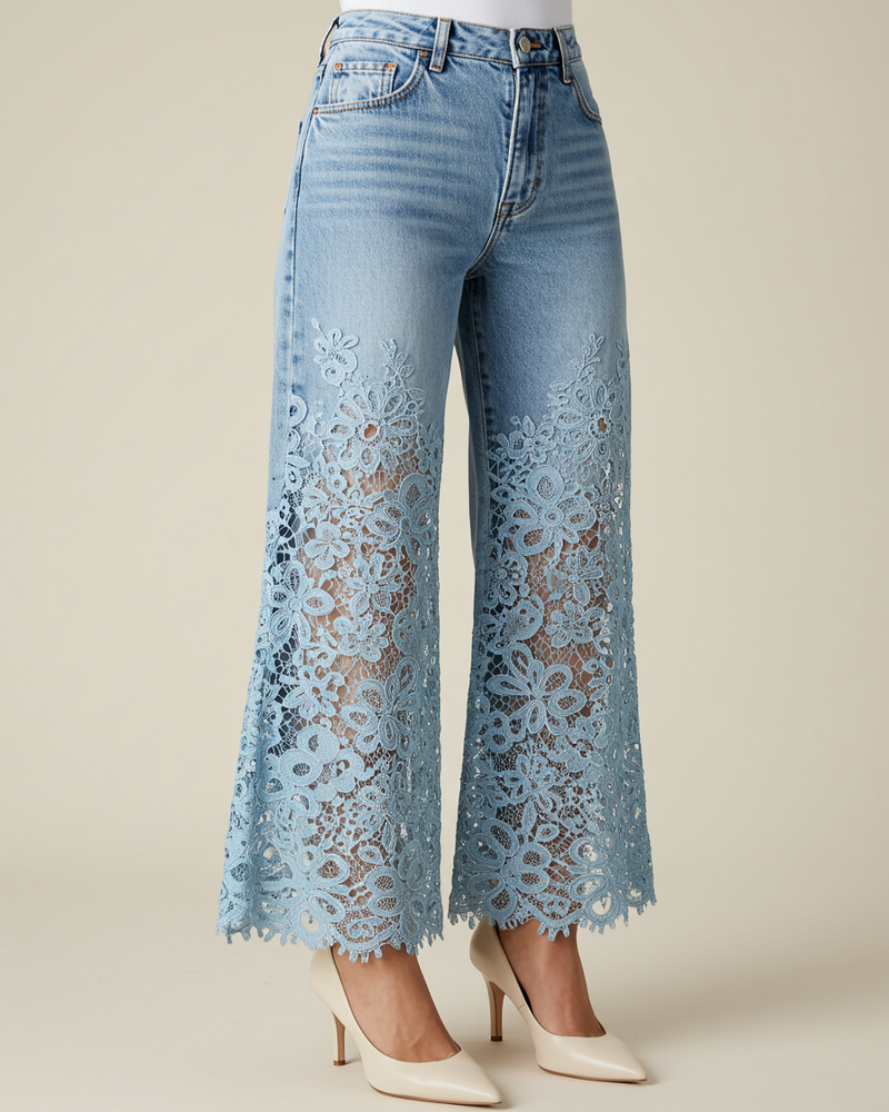 Lace-Panel Flared Jeans - Blue