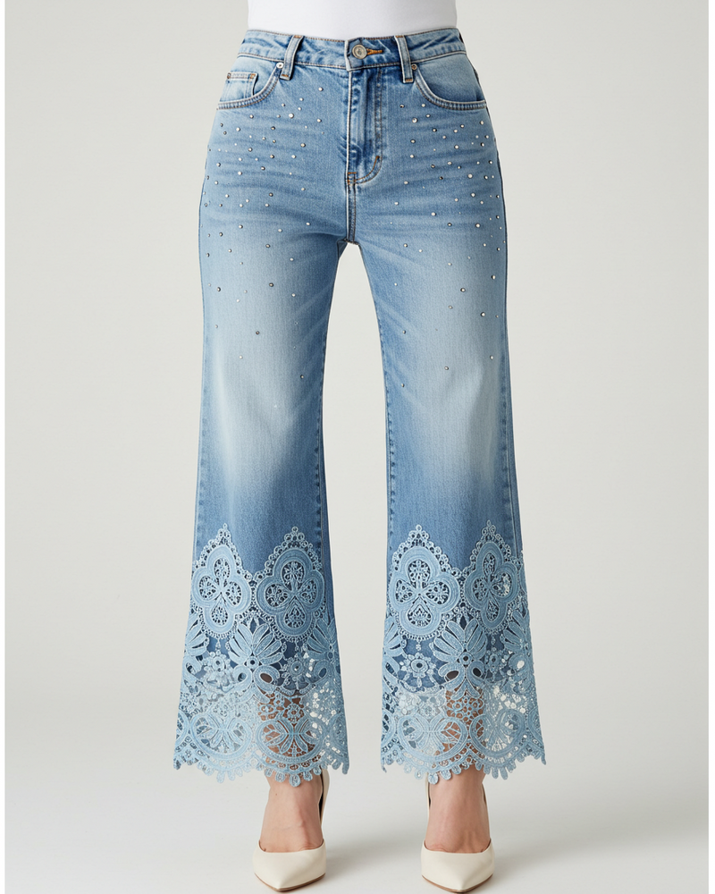 Pearl-Studded Lace-Hem Wide-Leg Jeans - Light Blue