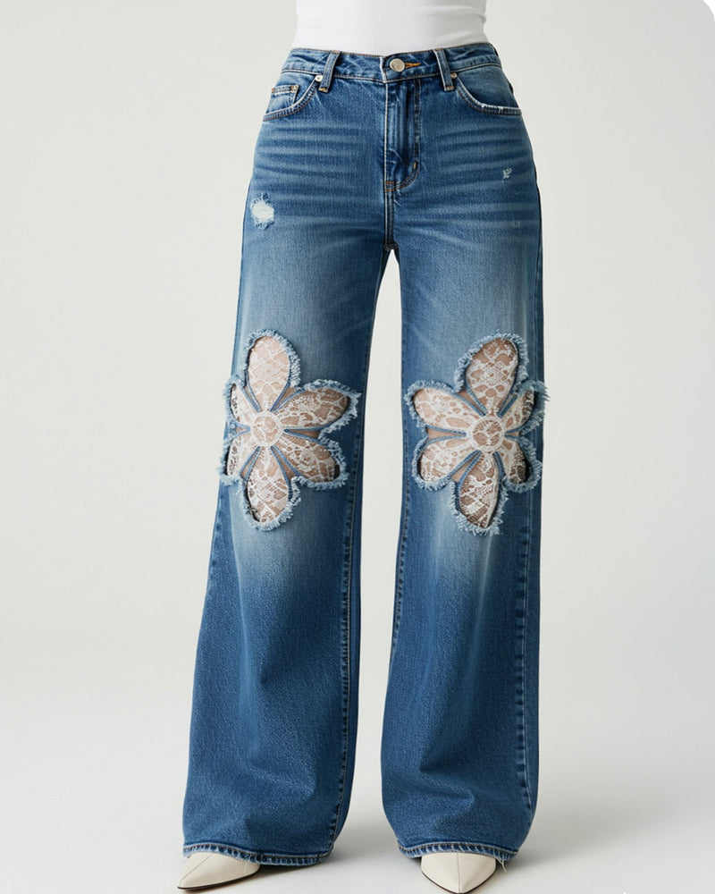 Floral Patchwork Denim Jeans - Blue
