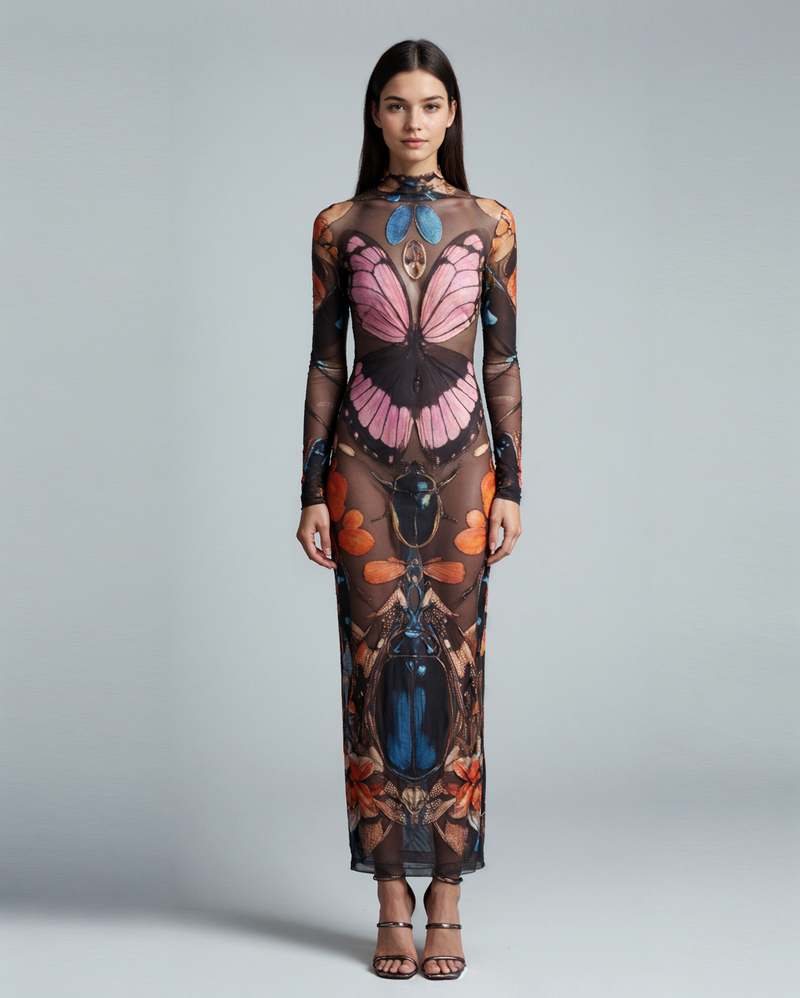 Sheer Butterfly and Beetle Gown - Multicolor