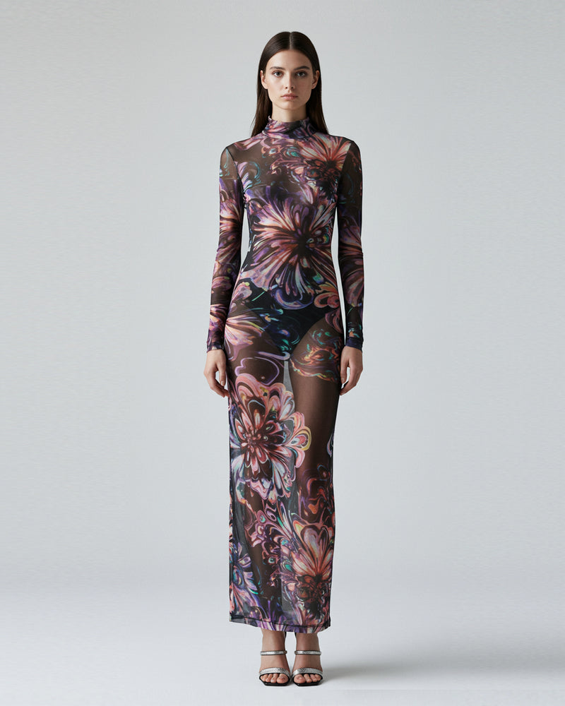 Sheer Floral Pattern Gown - Multicolor