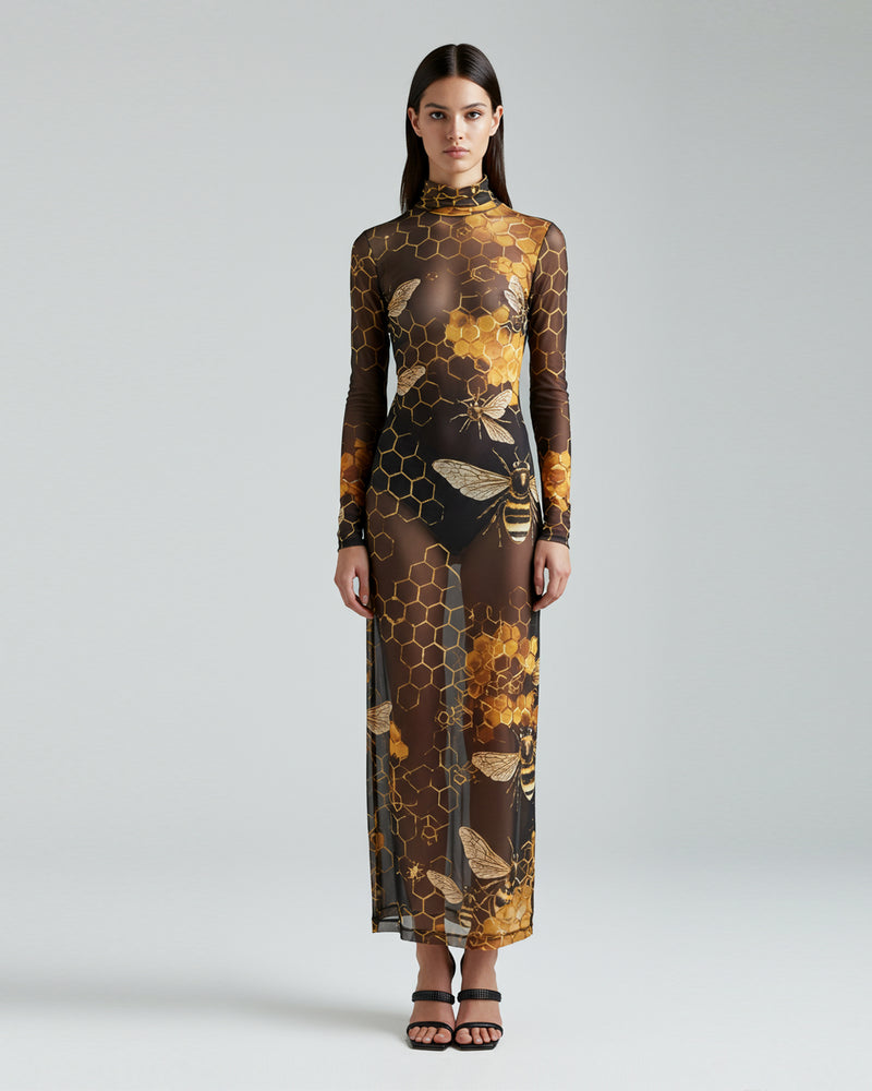 Sheer Honeycomb and Bee Gown - Multicolor