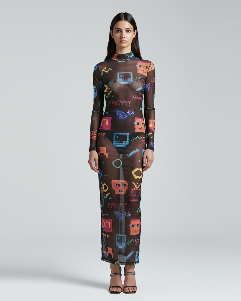 Sheer Pixel Art Gown - Multicolor