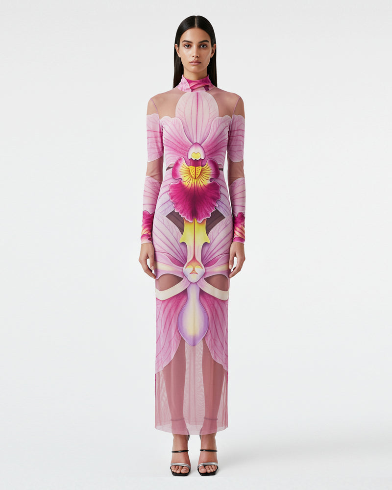 Floral Illusion Mesh Dress - Pink/Purple