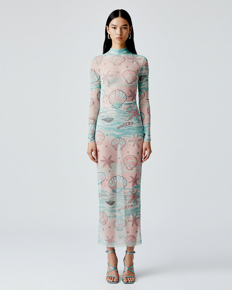 Sheer Seashell Print Dress - Pink/Green