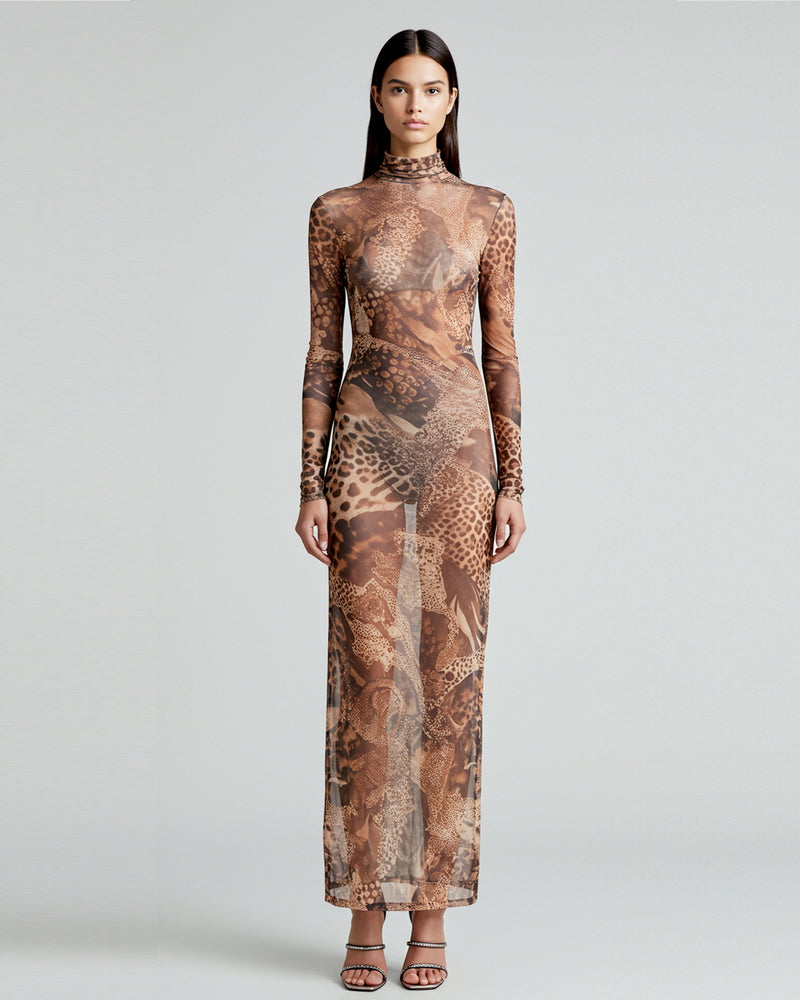 Leopard Print Mesh Maxi Dress - Multicolor