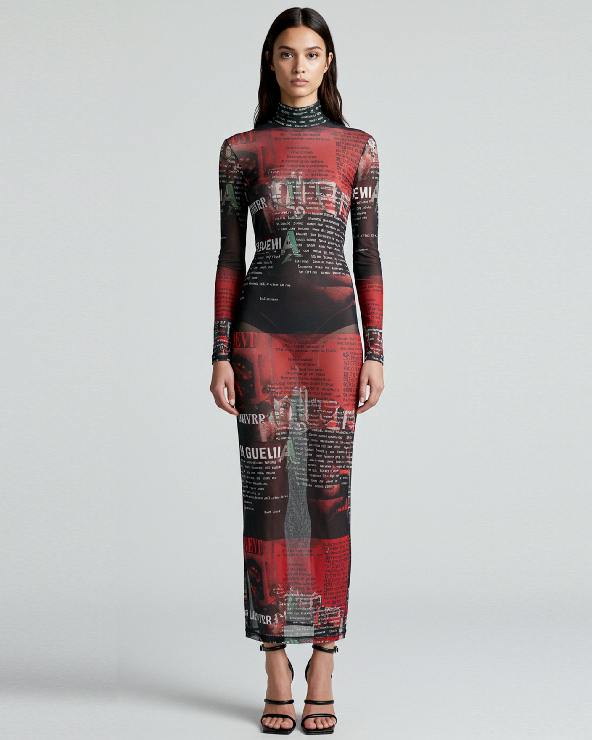 Newspaper Print Mesh Maxi Dress - Multicolor