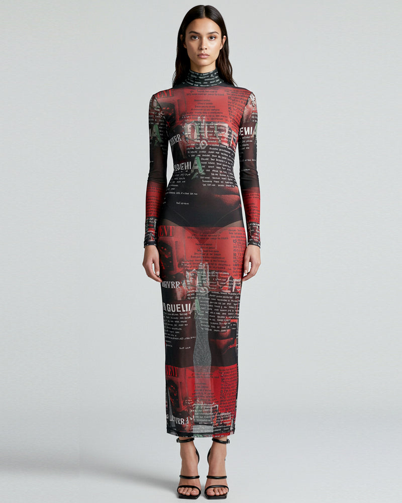 Newspaper Print Mesh Maxi Dress - Multicolor