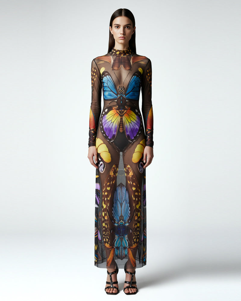 Butterfly Mesh Maxi Dress - Multicolor