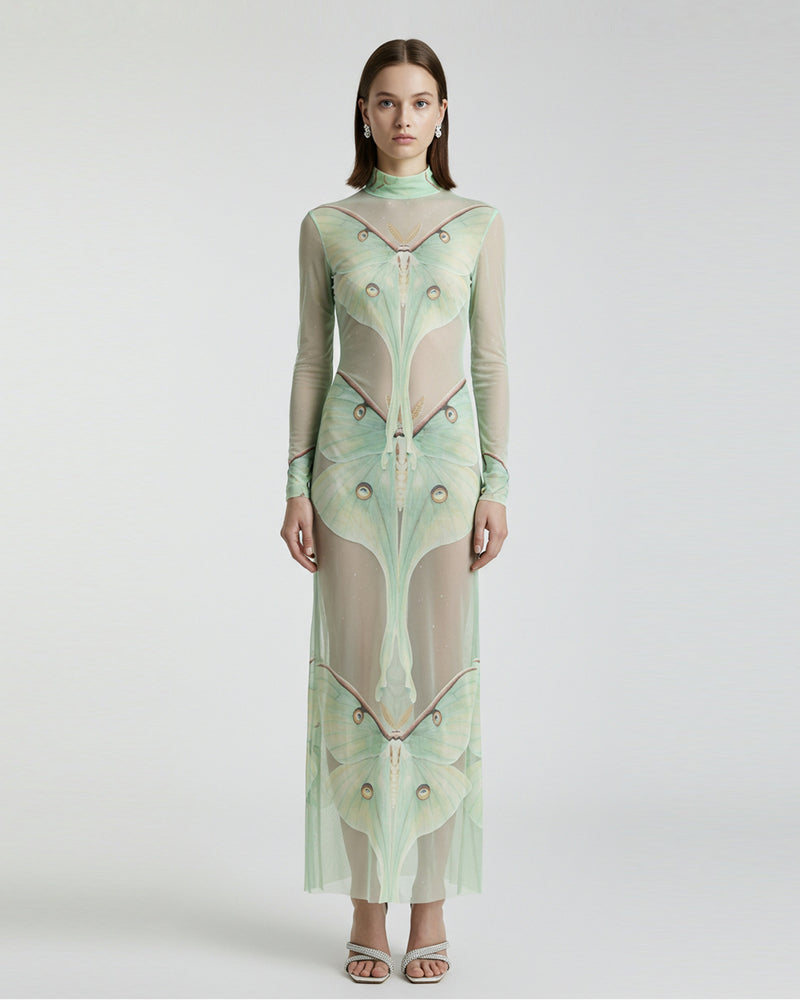 Moth Sheer Mesh Gown - Green/Beige