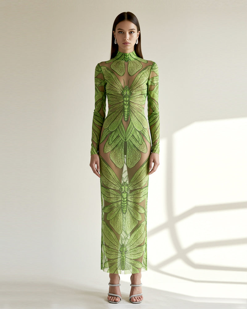 Emerald Dragonfly Sheer Mesh Gown - Green