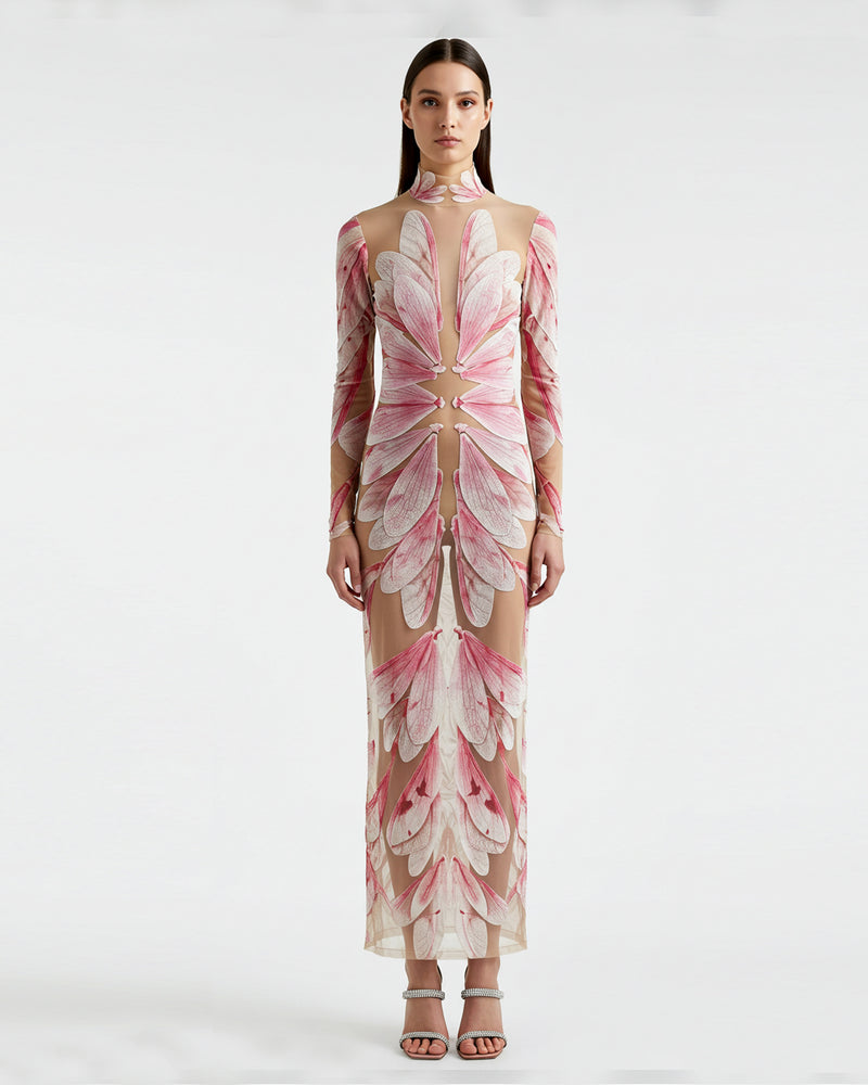 Blush Petal Sheer Mesh Gown - Pink/Beige