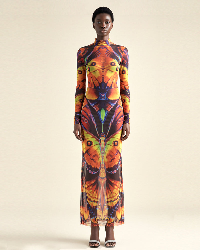 Vibrant Moth Sheer Mesh Gown - Multicolor