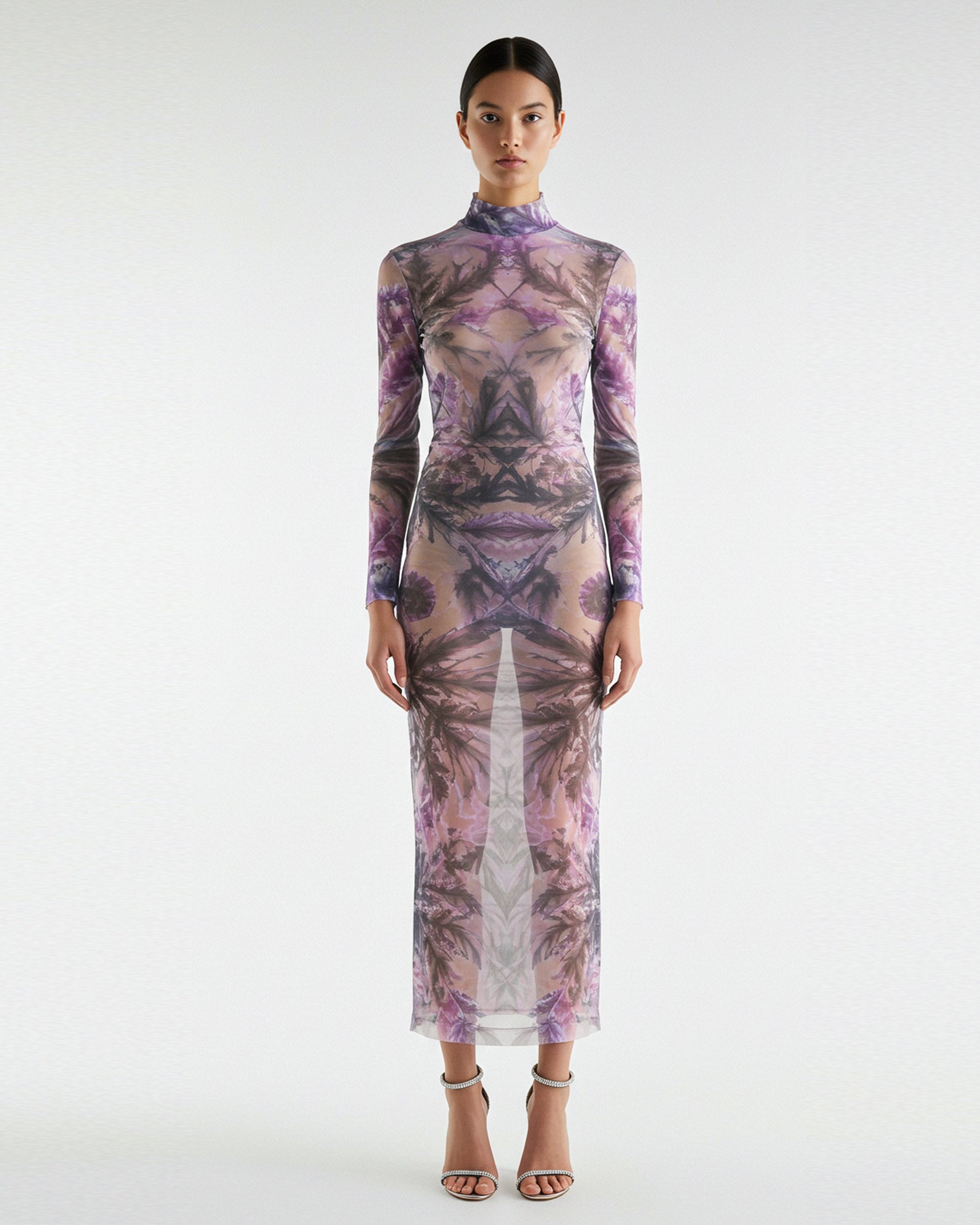 Abstract Print Sheer Long Sleeve Dress - Lavender
