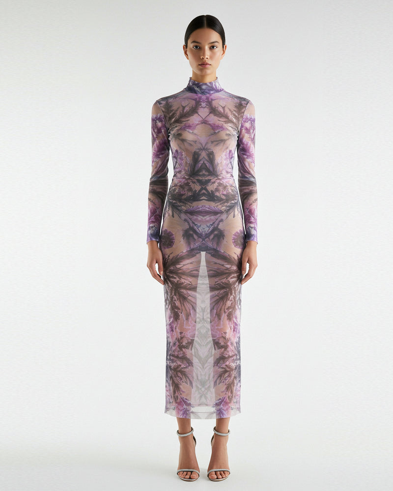 Abstract Print Sheer Long Sleeve Dress - Lavender