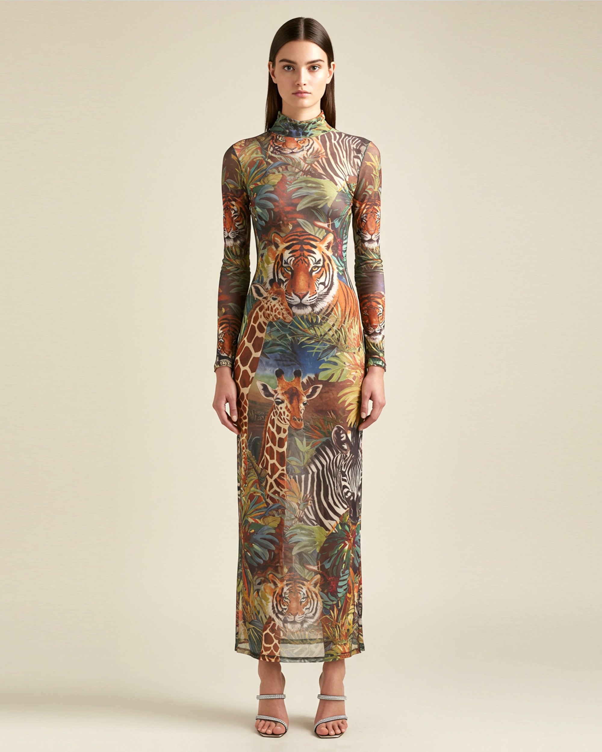 Jungle Animal Print Sheer Long Sleeve Dress - Multicolor