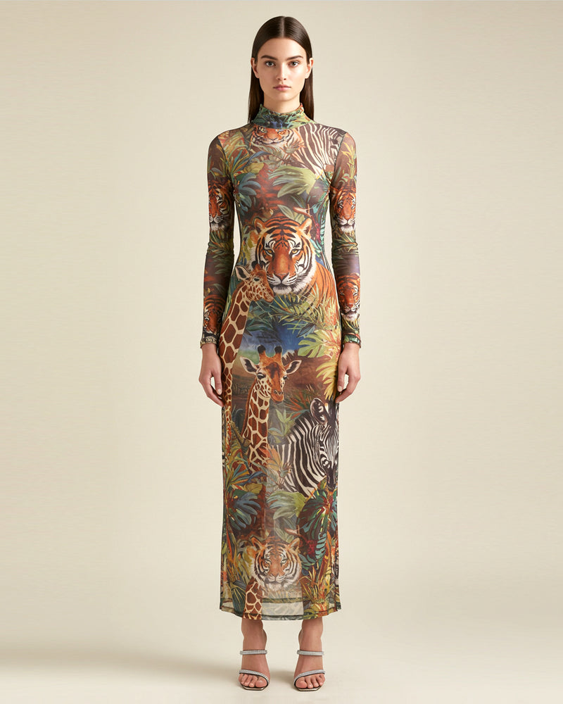 Jungle Animal Print Sheer Long Sleeve Dress - Multicolor