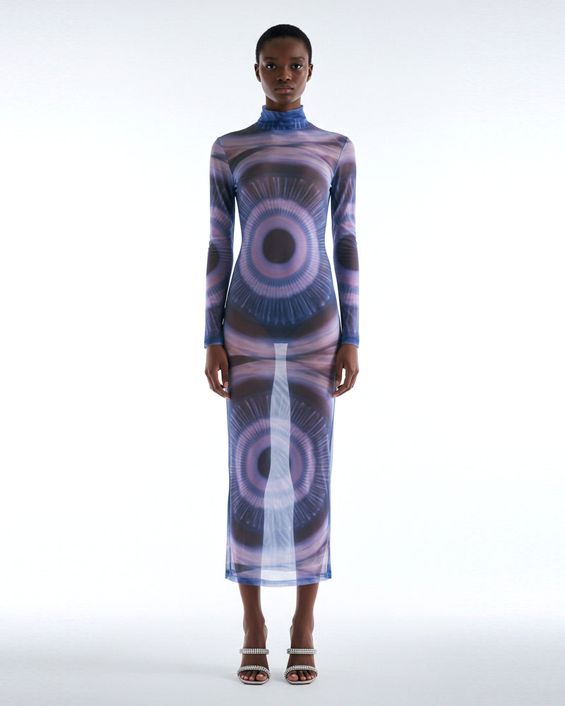 Optical Illusion Print Sheer Long Sleeve Dress - Purple