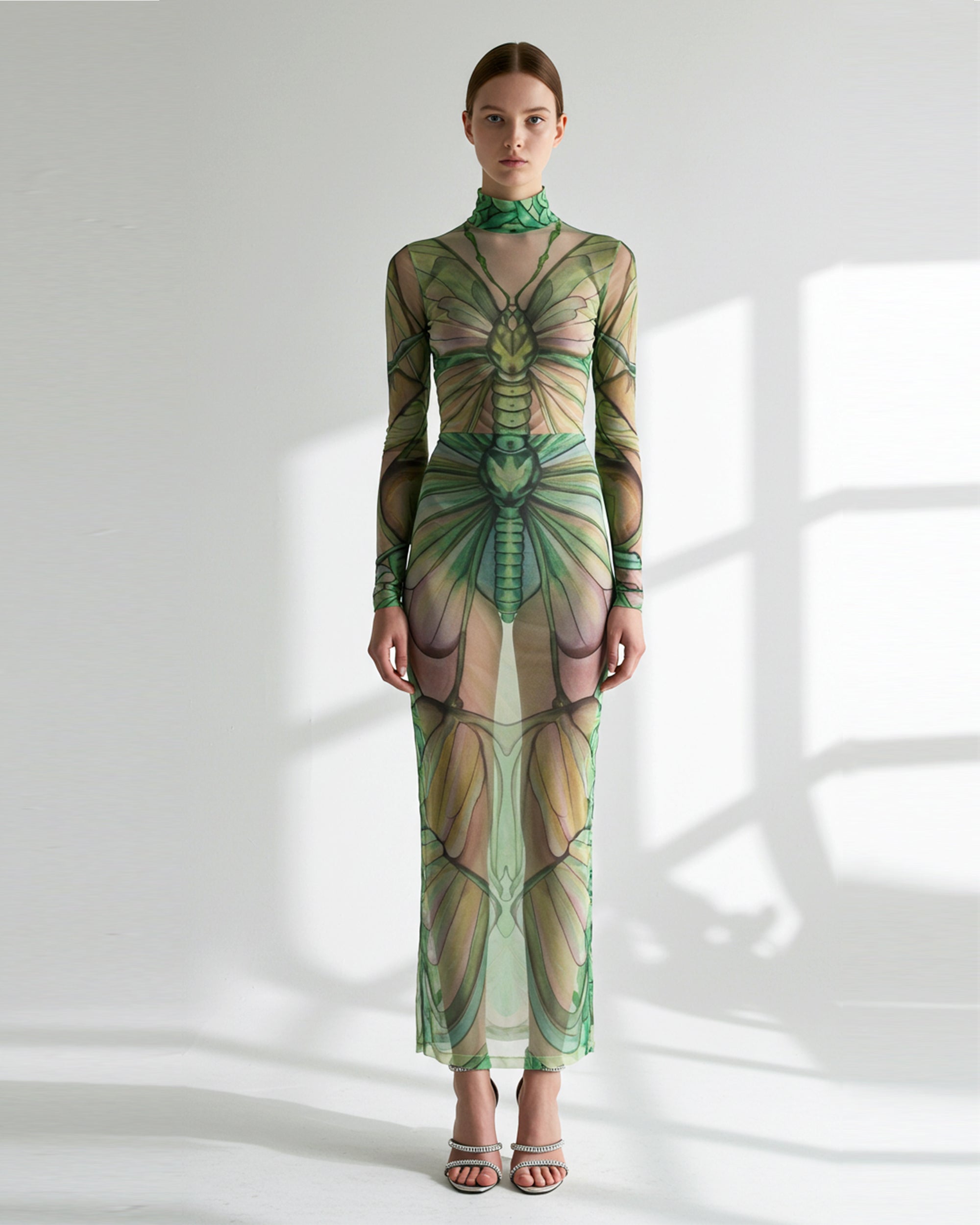 Sheer Maxi Mesh Dress with Moth Wings - Green/Beige