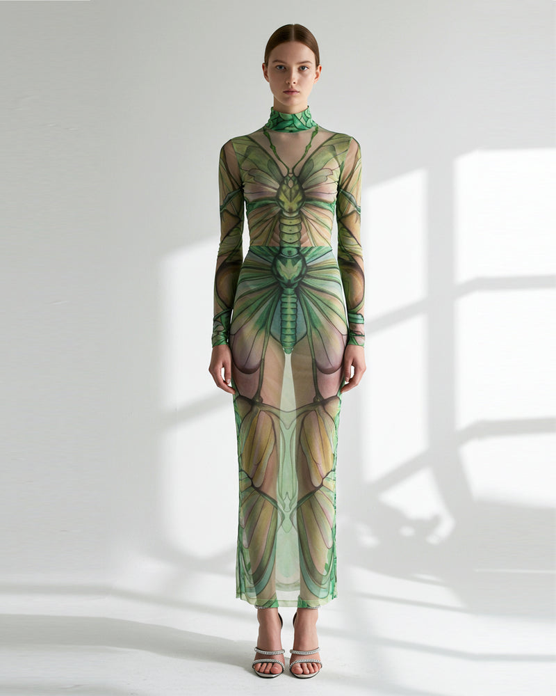Sheer Maxi Mesh Dress with Moth Wings - Green/Beige
